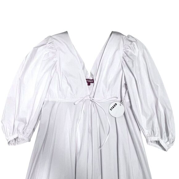 STAUD AMARETTI DRESS Plunge Neck Bishop Sleeve Gown Maxi Dress White Size L - Picture 9 of 15